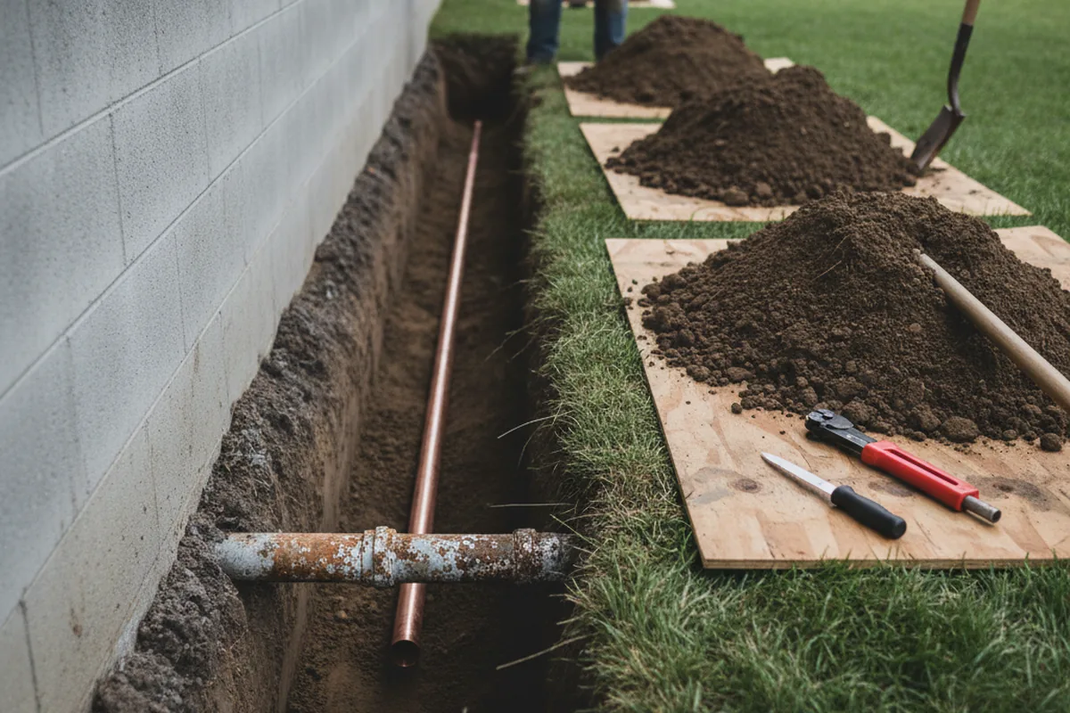 Excavated water line trench during Water Heater Repair in Lapeer